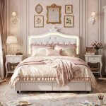 Lit double 140x200cm - t�te de lit couronne led - 2 tiroirs de rangement - similicuir pu blanc - style ...