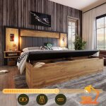 Lit double 160�200 cm lampe de lecture usb et type - c - meuniq - sans matelas m�tal bois et lin - ch�ne ...