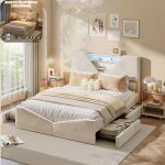 Lit double 160�200 cm - t�te de lit avec rangement - �clairage led - quatre tiroirs - sommier � lattes ...
