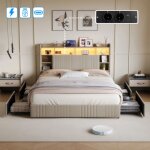 Lit double 160 x 200 cm avec led et 4 tiroirs lit capitonn� avec t�te de lit avec rangement sommier � ...