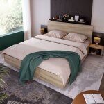 Lit double 160 x 200 cm t�te de lit avec 2 tables de chevet lit 2 personnes cadre de lit en bois sommier ...