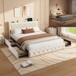 Lit double 160x200 4 tiroirs de rangement t�te de lit avec led avec usb + type - c motif diamant beige ...