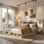 Lit double 160x200 en bois avec rangement t�te de lit rembourr�e usb type - c liseuses et 2 chevets