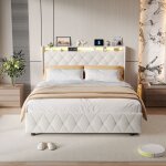 Lit avec 4 tiroirs double 160x200cm rangement velours beige led rgb usb type - c deux places design moderne ...