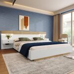 Lit double 160x200 ch�ne sonoma 2 tables chevet led usb c prises �lectriques int�gr�es design flottant ...