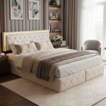 Lit double 160x200 cm - 4 tiroirs - led rgb avec app - t�te de lit r�glable - simili cuir beige