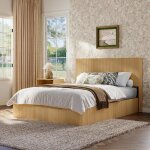 Lit double 160x200 cm lit coffre avec rangement hydraulique t�te de lit rainur�e en bois couleur naturelle ...