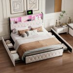Lit double 160x200 cm avec sommiers et 4 tiroirs lit adulte 2 personnes avec led et usb tete de lit avec ...