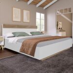 Lit double 160x200 cm design flottant avec t�te de lit sommier � lattes bois blanc et couleur naturelle ...