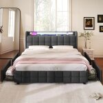 Lit double 160x200 cm - marque - Éclairage led - 4 tiroirs - métal - design contemporain Lit double 160x200 cm - marque - Éclairage led - 4 tiroirs - métal - design contemporain