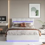 Lit double - 160x200 cm - avec éclairage led - relevable rangement - matière pu - sommier à lattes - ... Lit double - 160x200 cm - avec éclairage led - relevable rangement - matière pu - sommier à lattes - ...