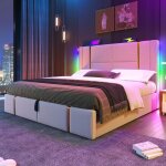 Lit double - 160x200 cm - led rvb 16 couleurs - coffre de rangement - t�te de lit usb