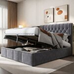 Lit double 160x200 cm avec sommier � lattes lit coffre hydraulique capitonn� en velours gris grande capacit� ...