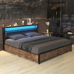 Lit double 160x200 cm avec sommier  lattes tte de lit avec led lit led avec 4 tiroirs pu noir
