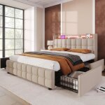 Lit double 160x200 cm avec sommier  lattes tte de lit avec led et usb 4 tiroirs tissu en lin beige