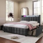 Lit double 160x200 cm avec sommier  lattes tte de lit avec led et usb 4 tiroirs tissu en lin gris