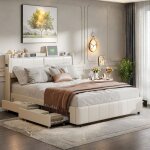 Lit double 160x200 cuir pu t�te de lit led avec usb et rangement 4 tiroirs sommier lattes bois. dossier ...