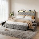 Lit double 160x200 avec led - prises usb / type - c - 4 tiroirs - t�te de lit - cadre de lit adolescent ...