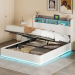 Lit double 160x200 - avec leds rgb - t�te de lit velours blanc - rangement int�gr� - recharge usb / type ...