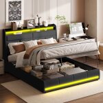 Lit double 160x200 - noir - �clairage led - rangement int�gr� - design moderne