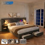 Lit double 160x200 cm avec t�te de lit led usb 2 chevet et 4 tiroirs de rangement lit 2 places velours ...