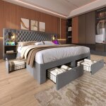 Lit double 160x200 avec rembourr� t�te de lit sommier � lattes lampe 2 table de chevet et 4 tiroirs velours ...