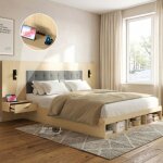 Lit double 160x200 avec usb et lampe de lecture lit coffre avec 2 tables de chevet cadre de lit en ch�ne ...