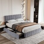 Lit double 160x200cm lit 160x200 avec sommier lit adulte avec 4 tiroirs cadre de lit sommier � lattes ...