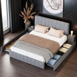 Lit double 160x200cm avec 4 tiroirs t�te de lit capitonn�lit adulte avec sommier � lattesstructure de ...