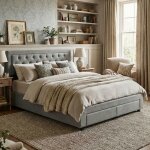 Lit double 160x200cm - lit coffre hydraulique & 2 tiroirs - t�te de lit capitonn�e - velours gris - style ...