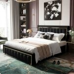 Lit double - 160x200cm - design luxe avec bordure dor�e - t�te de lit � rayures verticales - velours ...