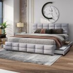 Lit double 180 x 200 cm pour adulte rembourr� avec 4 tiroirs sommier � lattes et t�te de lit - gris matelas ...
