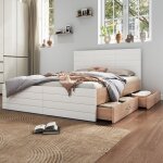 Lit double 180x200 cm avec 2 tiroirs - merax - cadre de lit - en bois blanc et ch�ne sans matelas