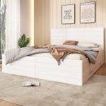 Lit double 180x200 cm bois blanc et ch�ne avec 2 tiroirs sommier inclus grand lit moderne rangement sans ...