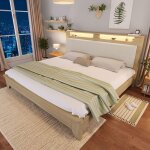 Lit double 180x200 cm - en bois effet ch�ne clair - avec t�te de lit rangement led et dossier en velours ...