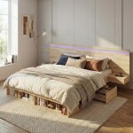 Lit double 180x200 cm lit coffre lit en bois lit enfant avec station de charge usb et type - c led 2 ...