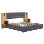 Lit double 180x200 cm avec �clairage usb sommier lattes bois 2 tables de chevet rangements velours gris ...