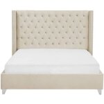 Lit double 180x200 cm velours beige t�te capitonn�e sommier inclus princesse