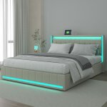 Lit double 180x200 cm avec sommier � lattes t�te de lit avec led et usb 4 tiroirs tissu en lin lit capitonn� ...