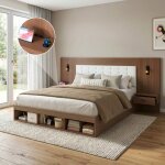 Lit double 180x200 avec usb et lampe de lecture lit coffre avec 2 tables de chevet cadre de lit en bois ...