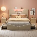 Lit double adulte 160x200 cm avec 4 tiroirs rangement int�gr� led int�gr�e lit 2 personnes avec sommier ...