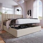 Lit double adulte 180 x 200 cm avec sommier � lattes lit rembourr� effet lin beige avec espace de rangement. ...