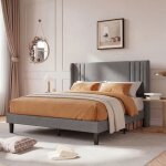 Lit double - adwolt - adwolt - 160 x 200 cm - tissu lin gris - sommier � lattes inclus