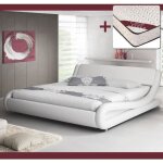 Lit double alessia 180x200cm blanc en bois et simili cuir avec matelas