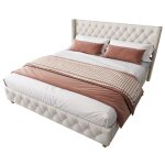 Lit double beige 140�190 cm avec sommier � lattes t�te de lit capitonn�e pieds bois renforc�s