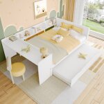Lit double 140 x 200 cm avec bureau �tag�res et lit gigogne ? pin & mdf blanc sommier inclus sans matelas ...