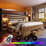 Lit double en bois massif 160x200 cm lit adulte avec �clairage led ports usb 2 tiroirs 12 compartiments ...