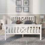 Lit double en bois massif blanc 140x200 cm avec sommier � lattes t�te de lit en x ? pin massif