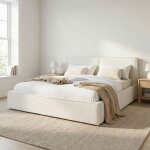 Lit double calm rembourr� 160 x 200 cm queen size blanc cr�me confort optimal avec sommier � lattes inclus ...