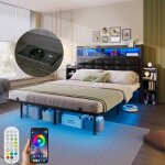 Lit double capitonn� 140x190 cm lit rembourr� en pu avec �clairage led tables de chevet coulissantes ...